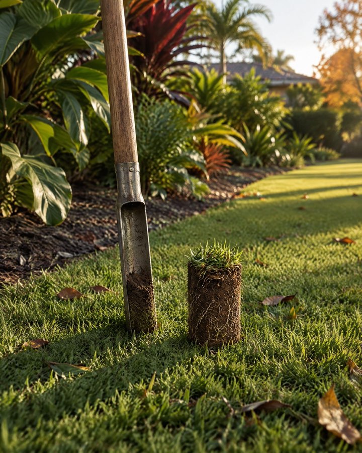 A soil core sample being checked on a lawn