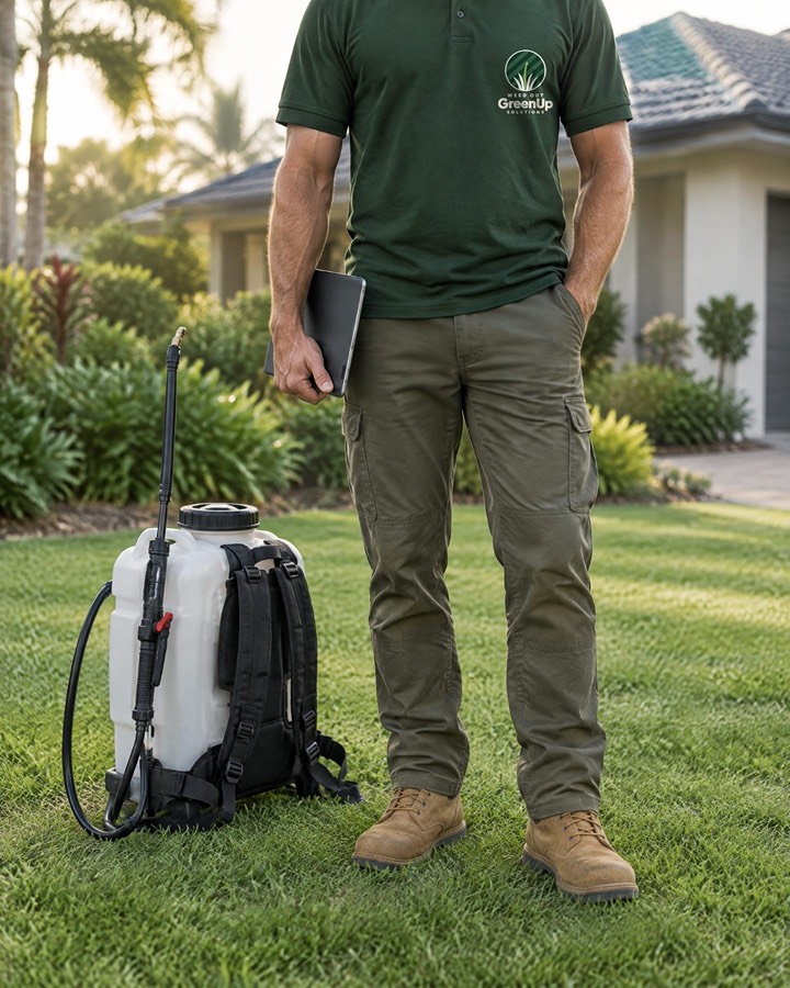 A technician’s boots and spreader on a lawn
